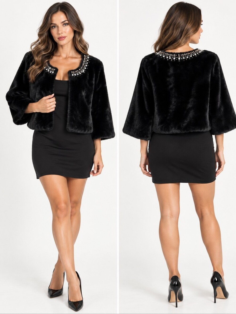 Haani Rhinestone Jeweled Collar Faux Mink Fur Cropped Jacket Mob Wife XL Glam